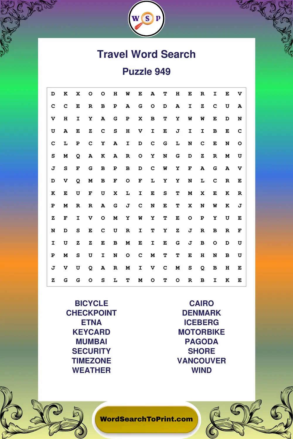 Travel Word Search Puzzle 949
