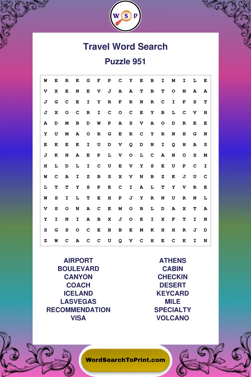 Travel Word Search Puzzle 951