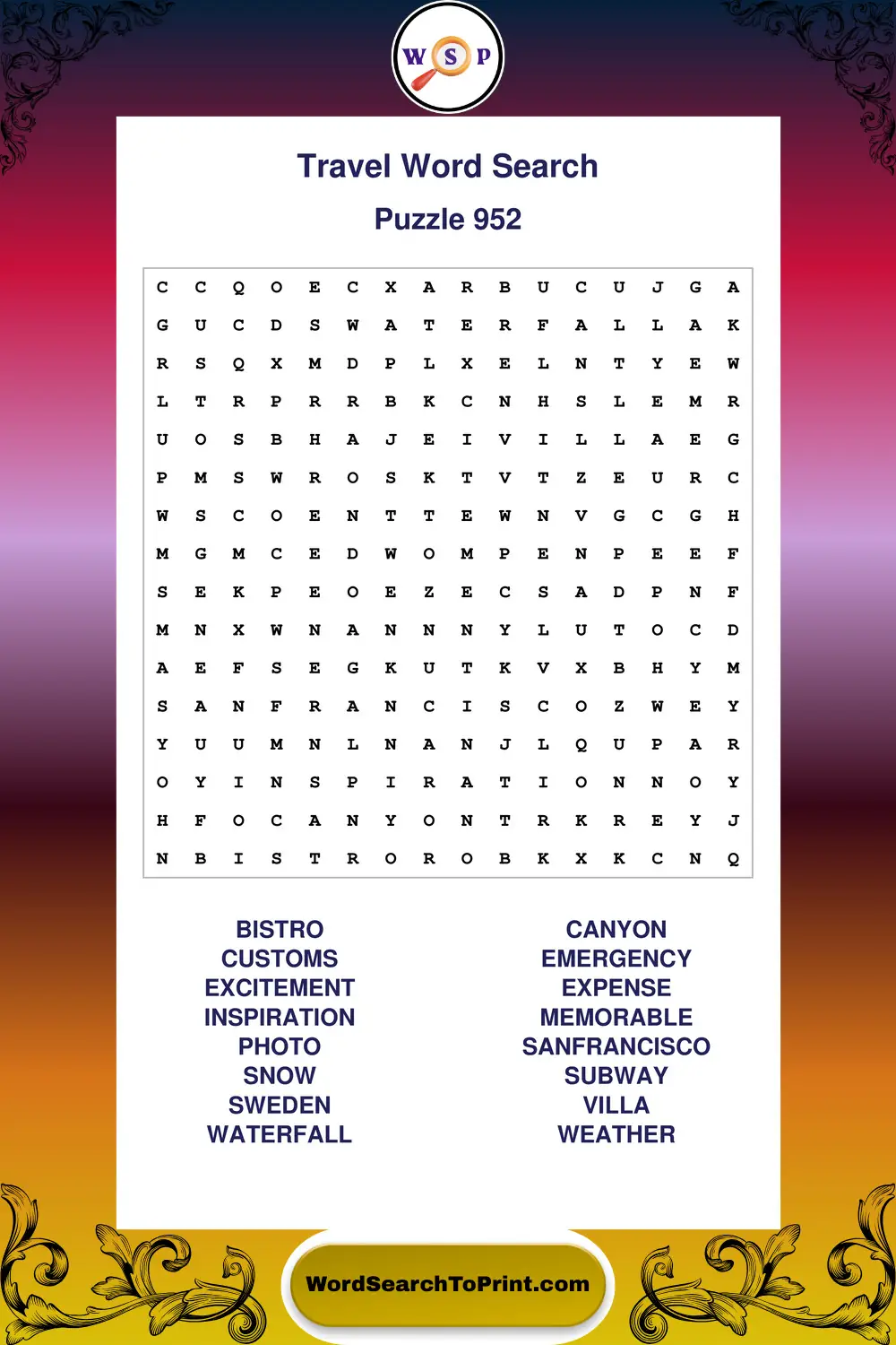 Travel Word Search Puzzle 952