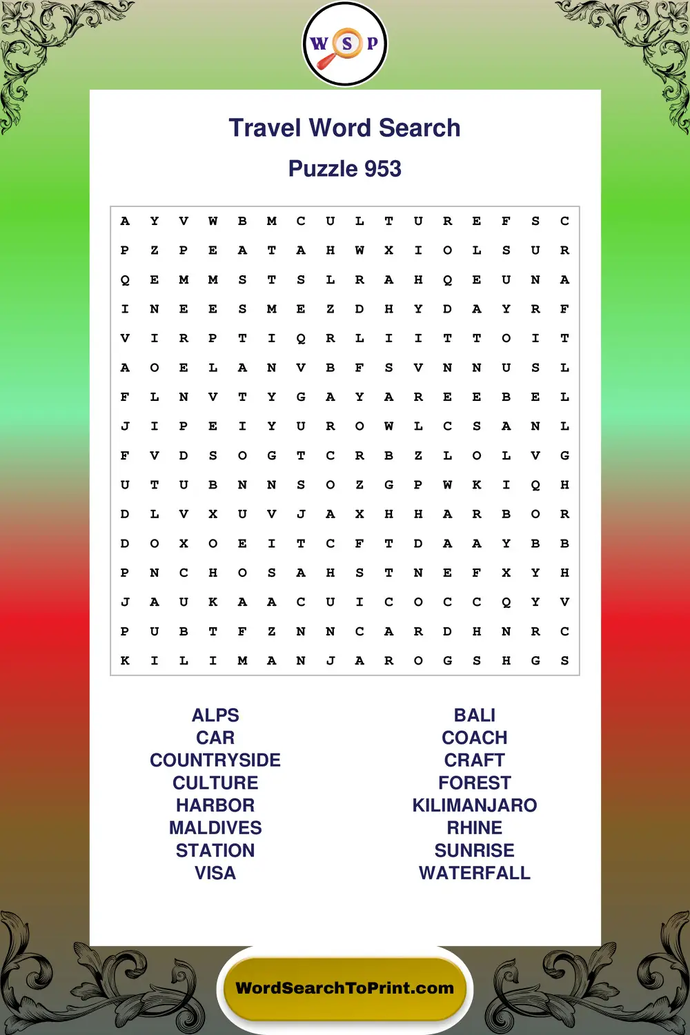 Travel Word Search Puzzle 953