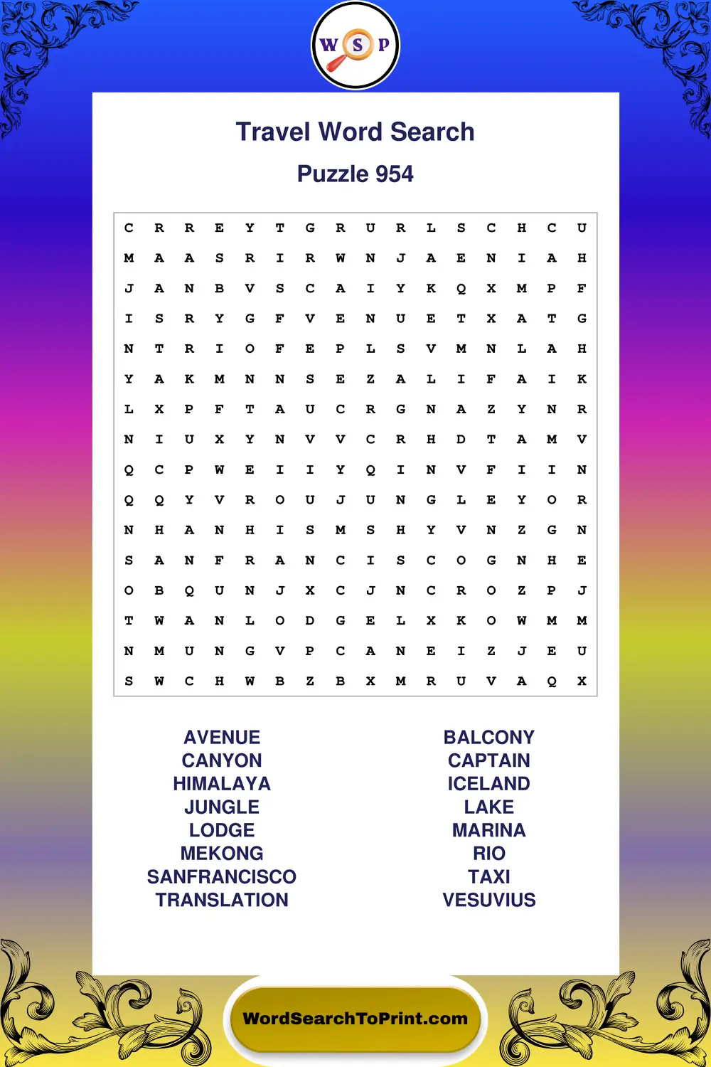 Travel Word Search Puzzle 954