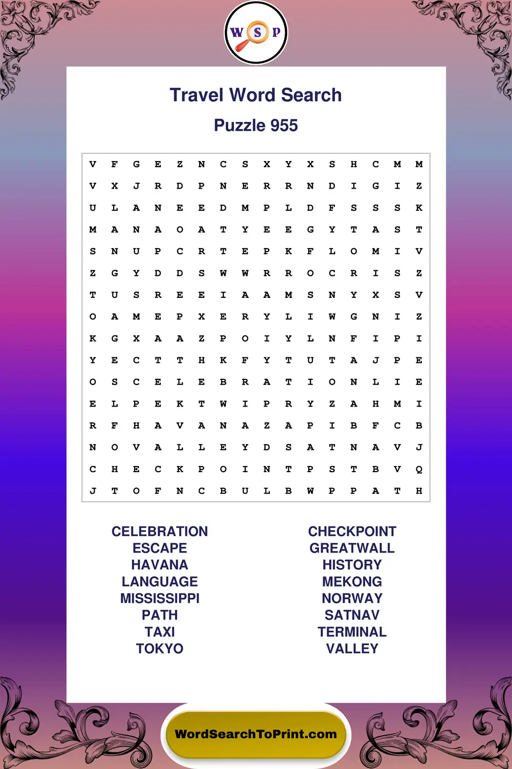 Travel Word Search Puzzle 955