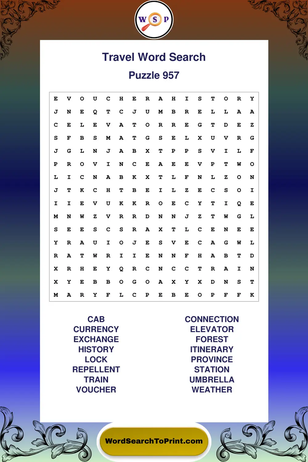 Travel Word Search Puzzle 957
