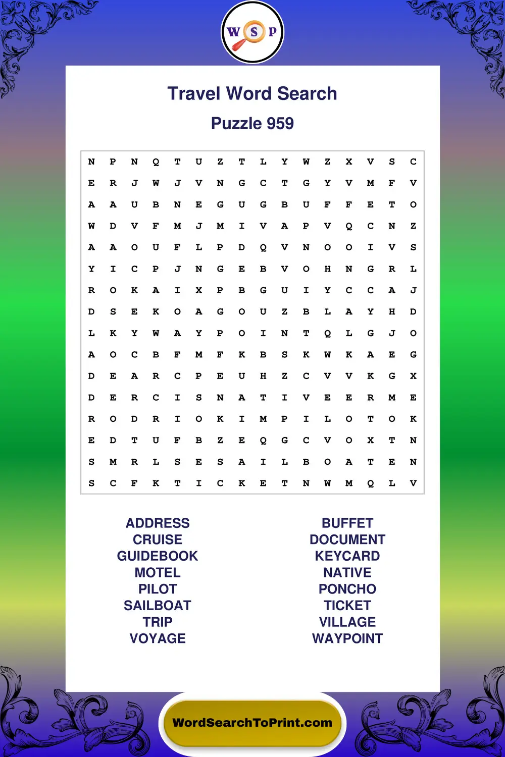 Travel Word Search Puzzle 959