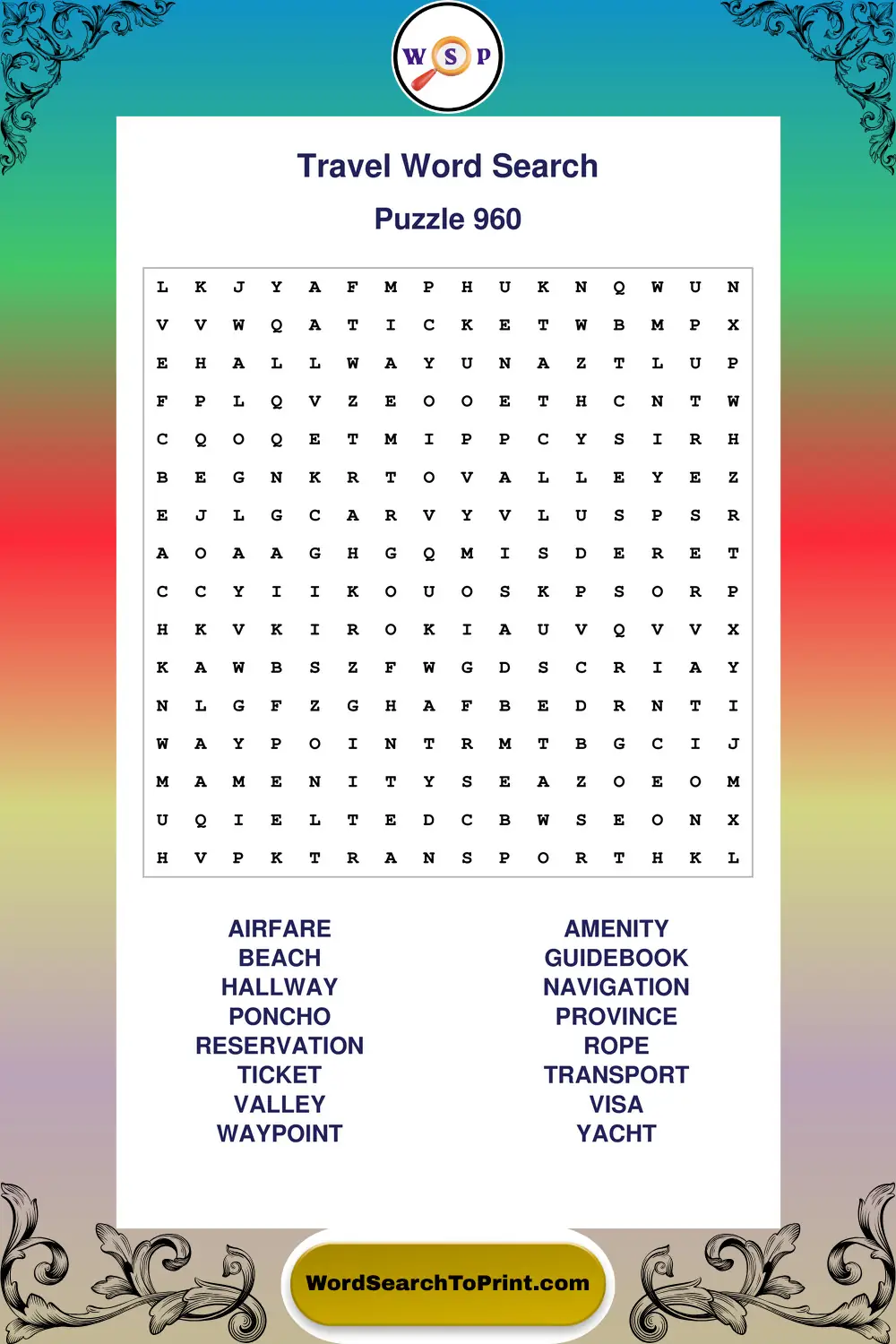 Travel Word Search Puzzle 960