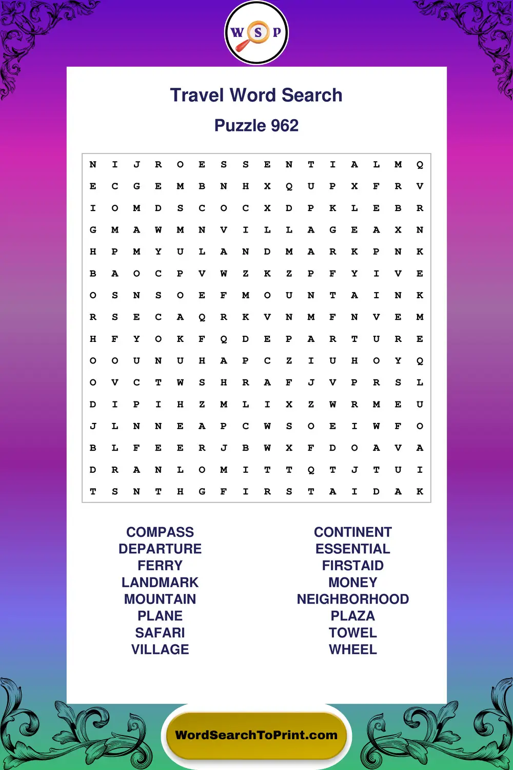 Travel Word Search Puzzle 962