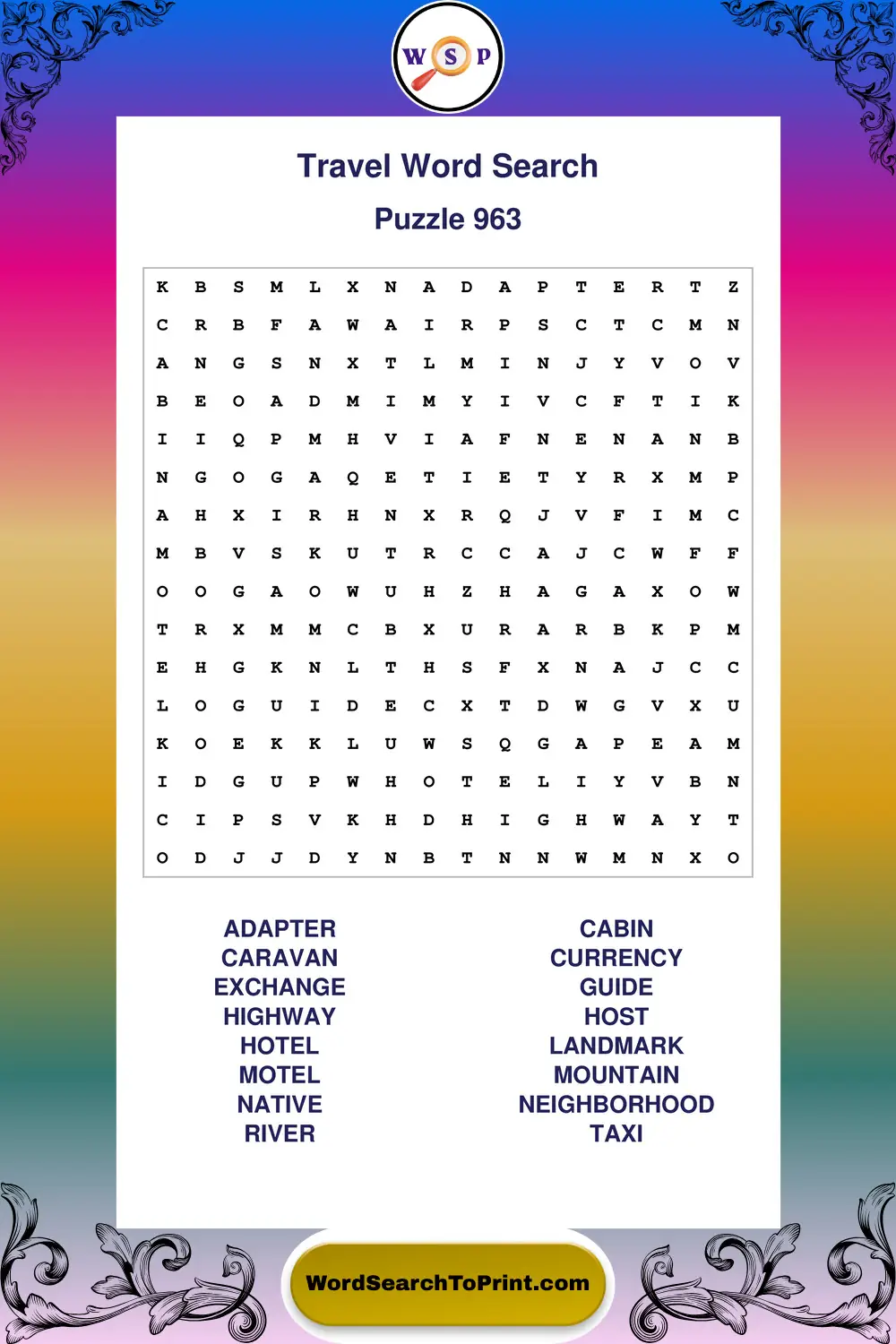 Travel Word Search Puzzle 963