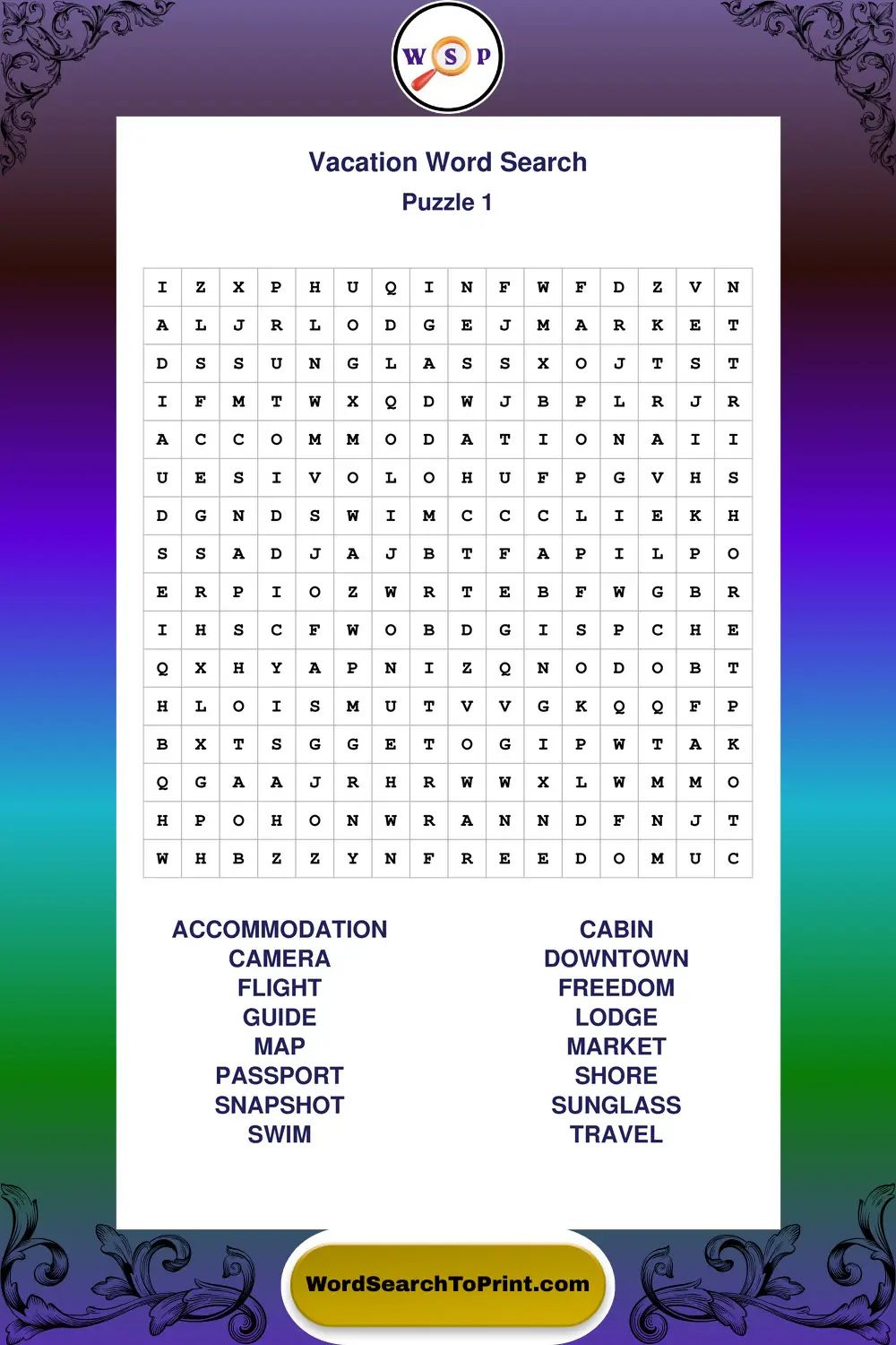 Vacation Word Search Puzzle 1