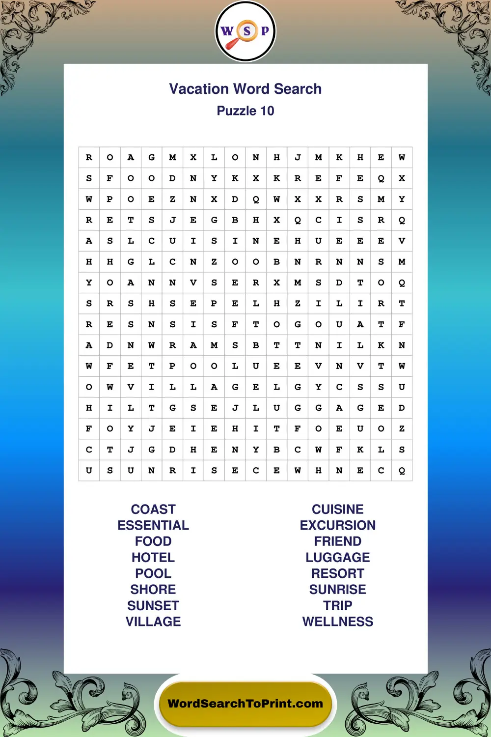 Vacation Word Search Puzzle 10