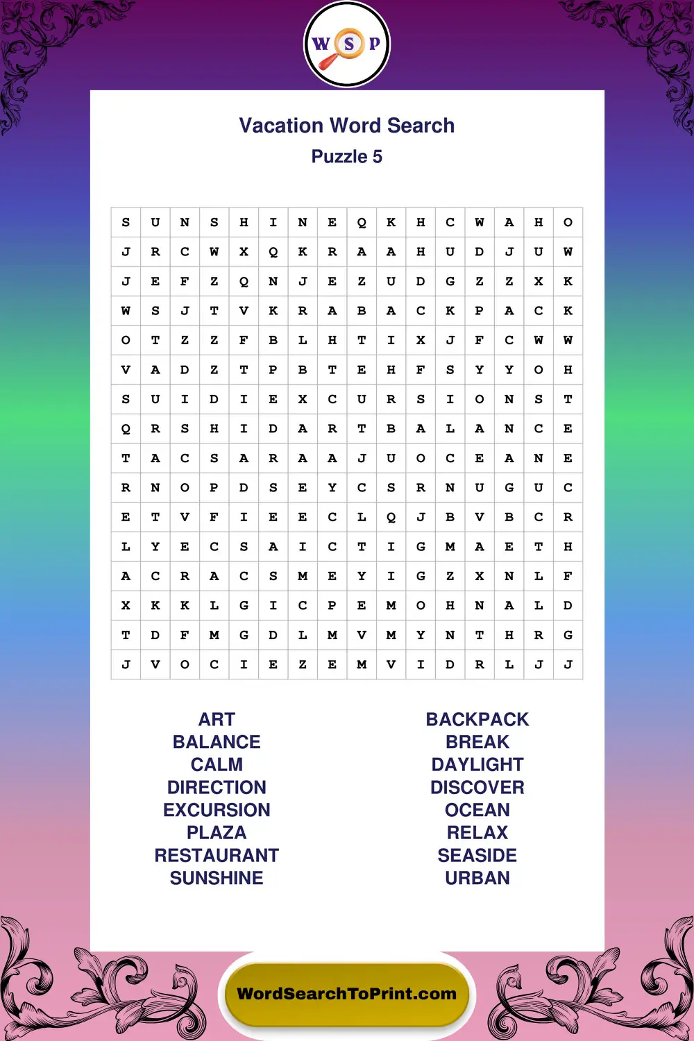 Vacation Word Search Puzzle 5