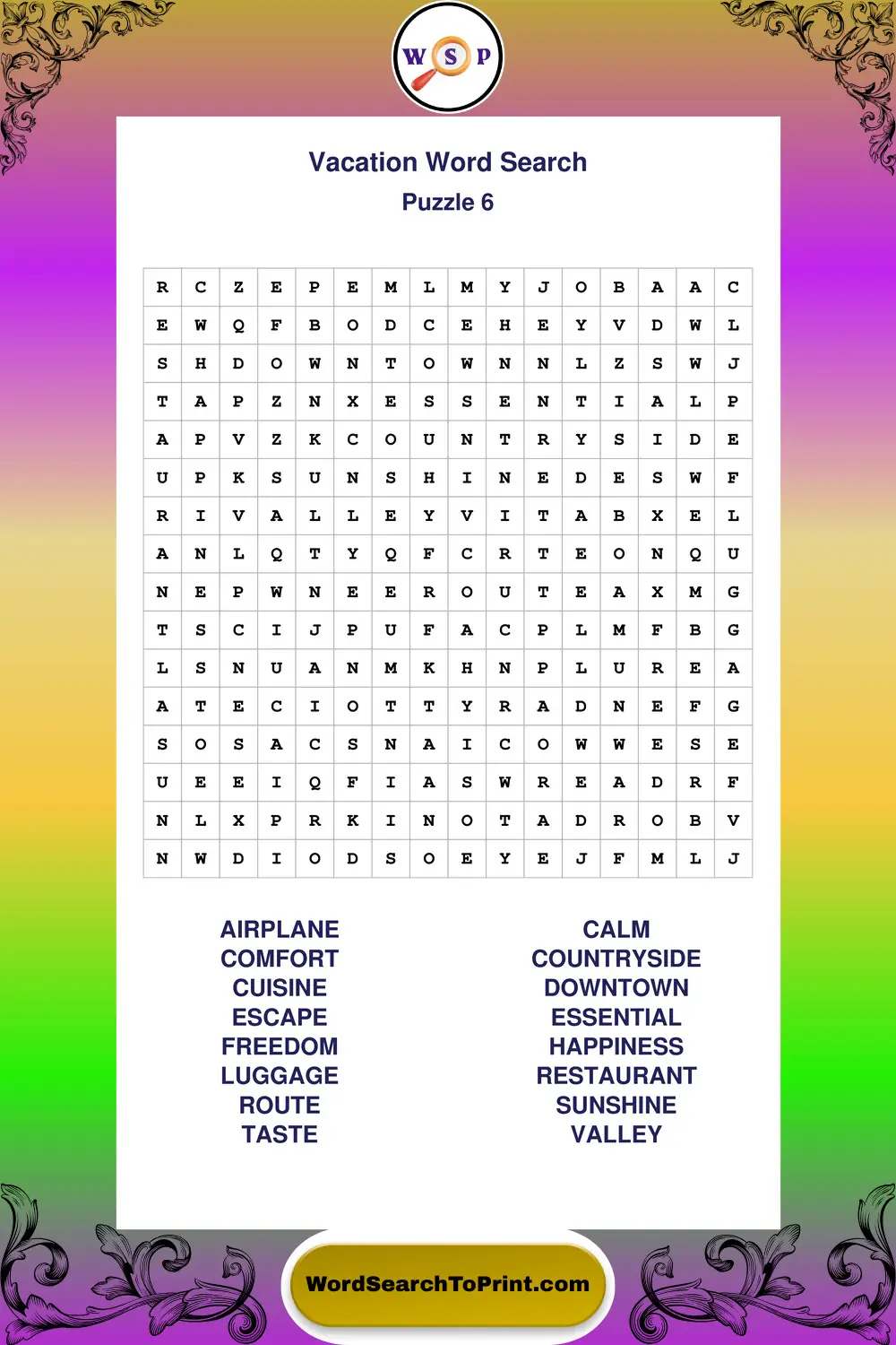 Vacation Word Search Puzzle 6