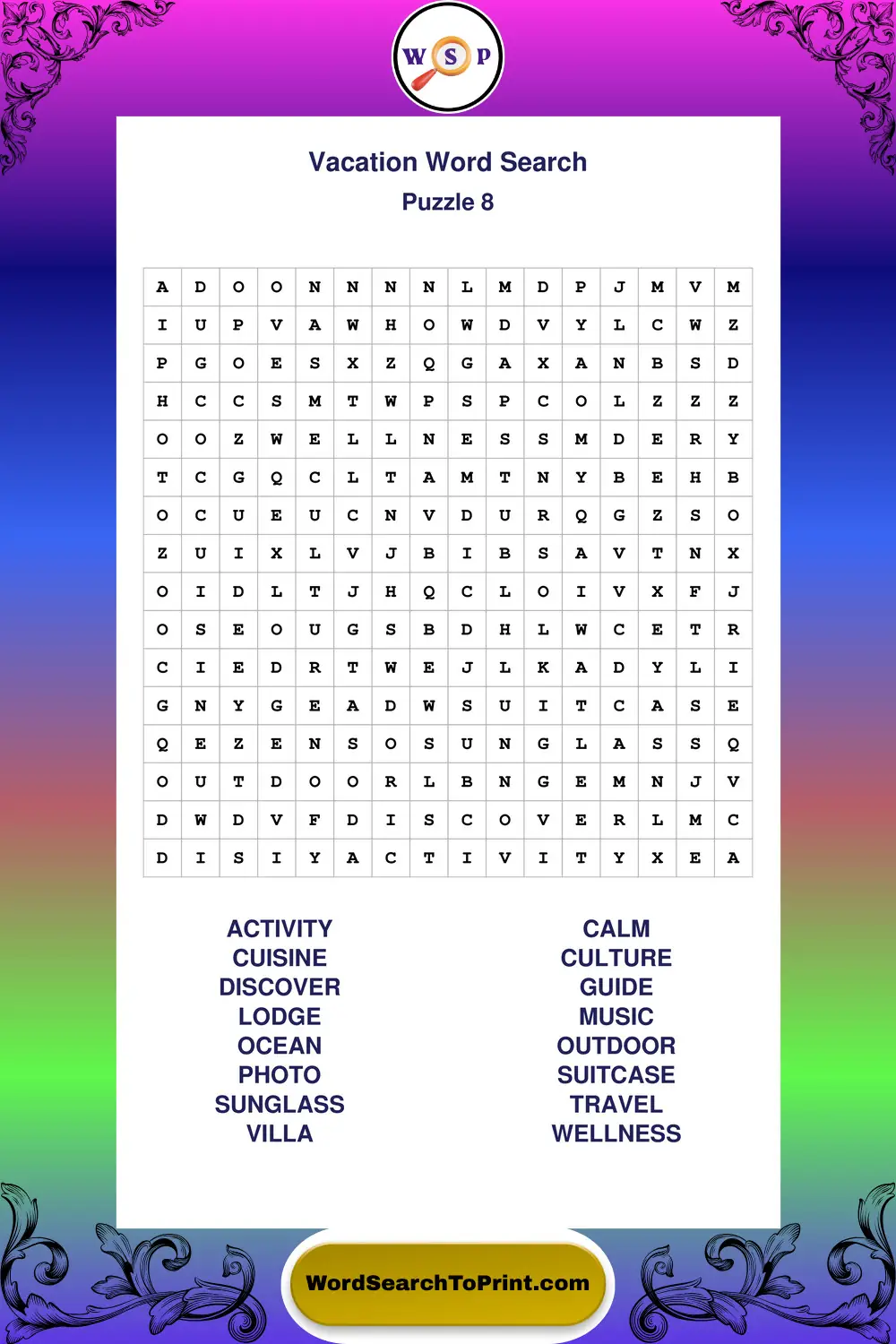 Vacation Word Search Puzzle 8