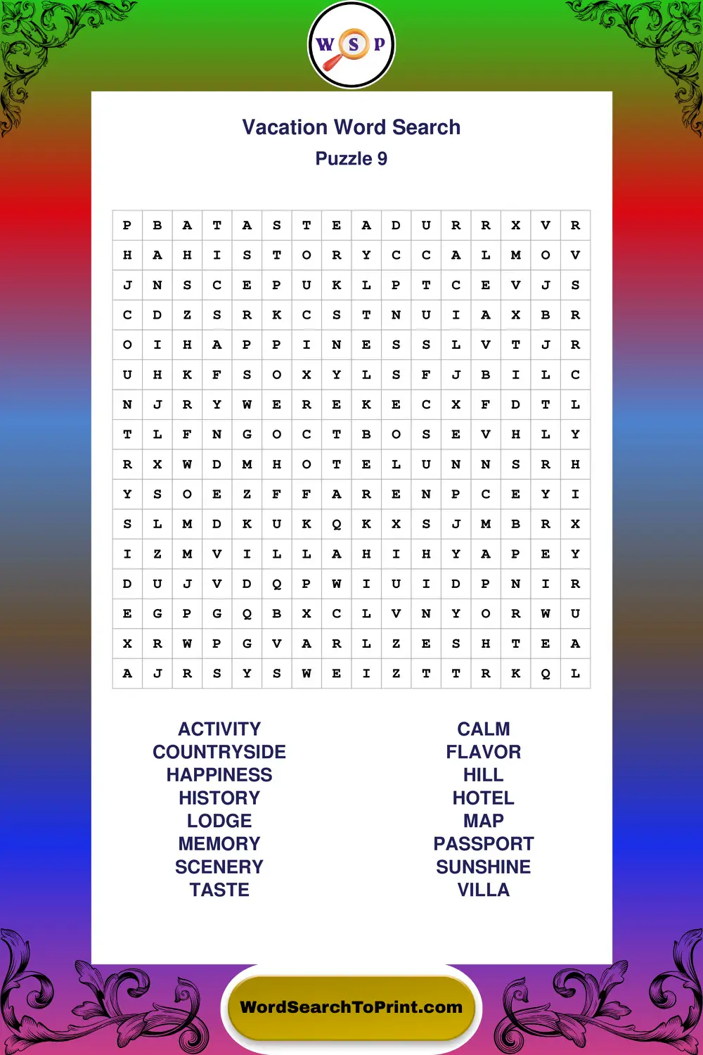 Vacation Word Search Puzzle 9