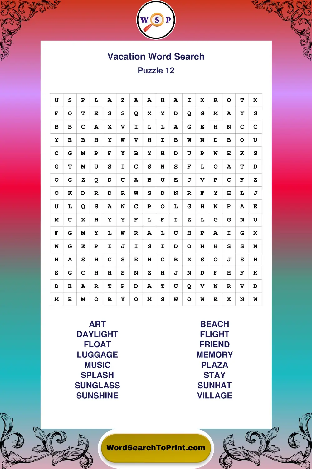 Vacation Word Search Puzzle 12