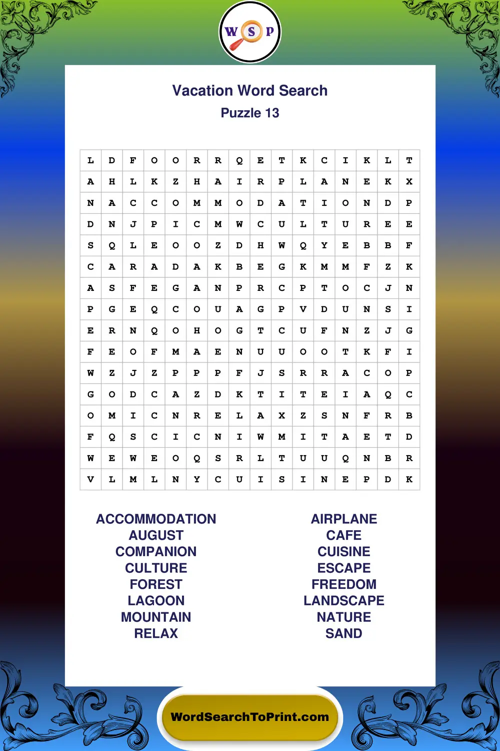 Vacation Word Search Puzzle 13