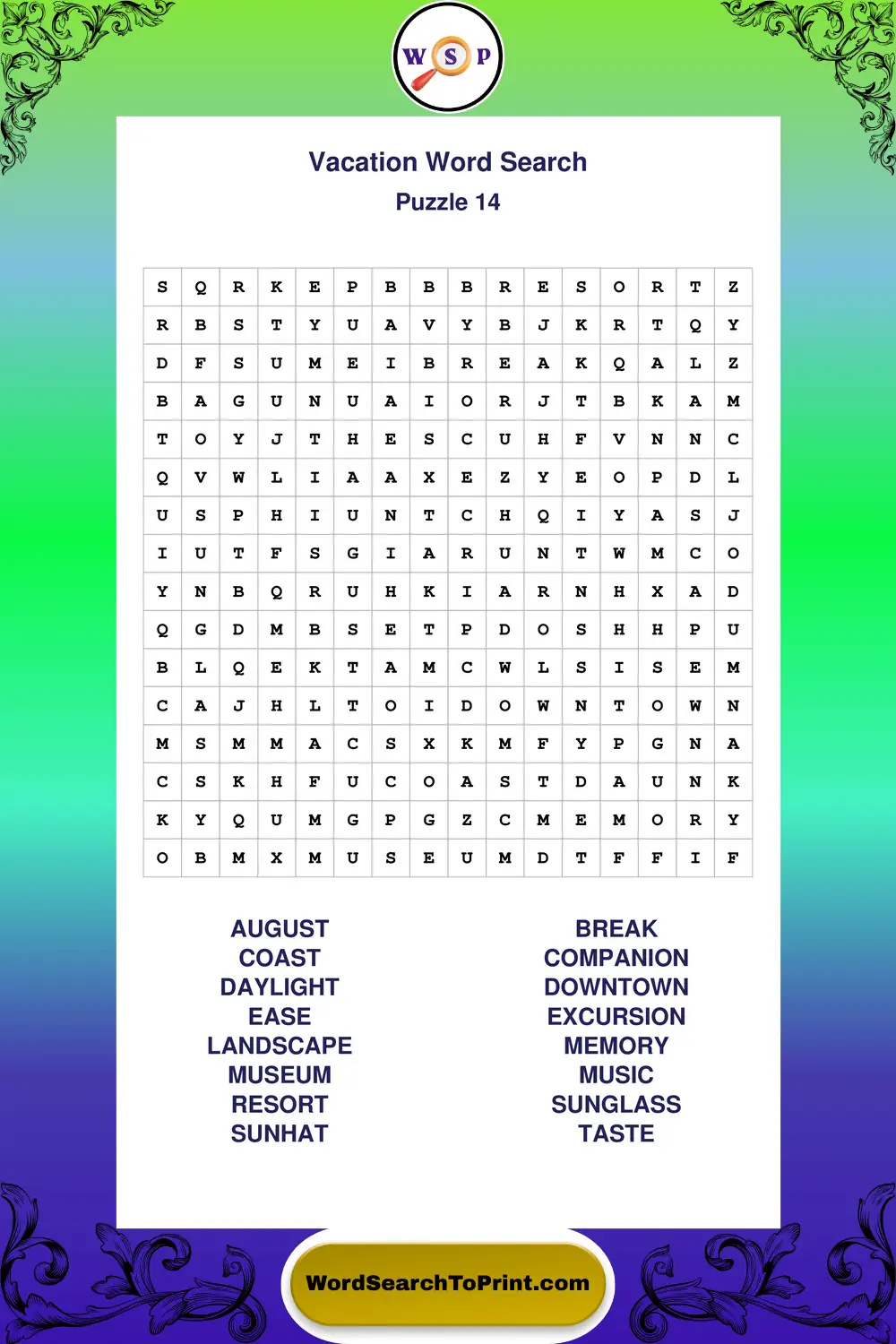 Vacation Word Search Puzzle 14