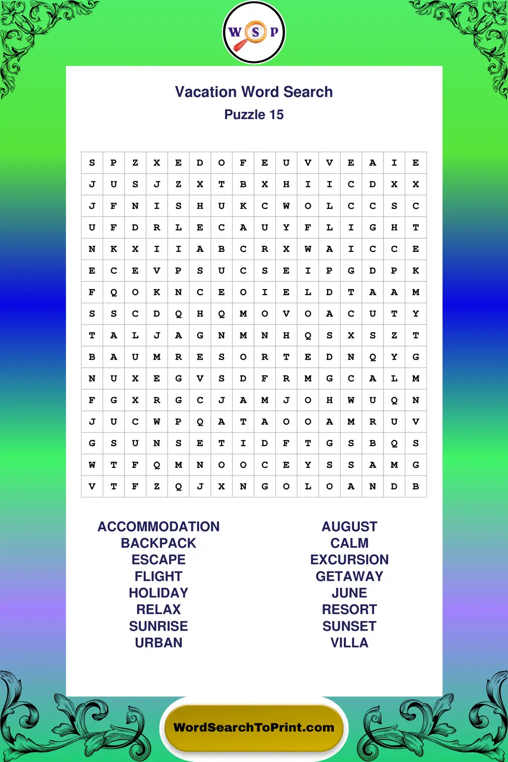 Vacation Word Search Puzzle 15