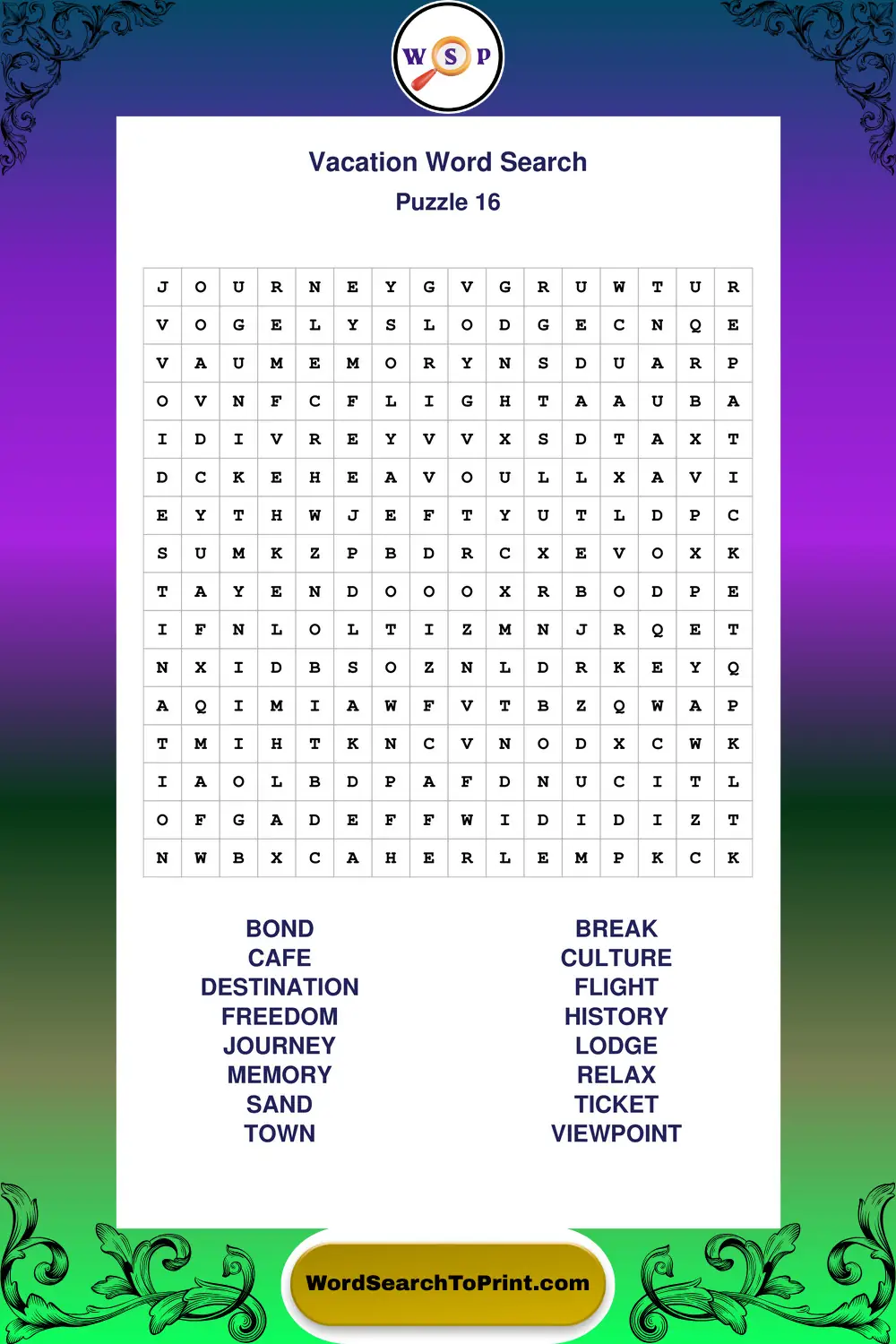 Vacation Word Search Puzzle 16