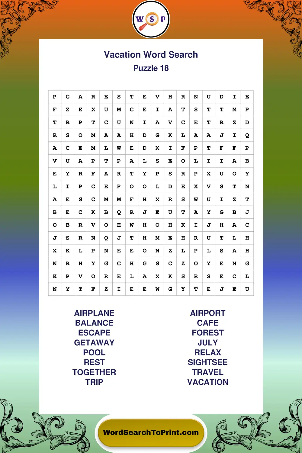 Vacation Word Search Puzzle 18