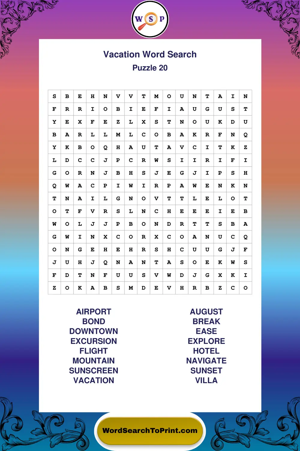 Vacation Word Search Puzzle 20