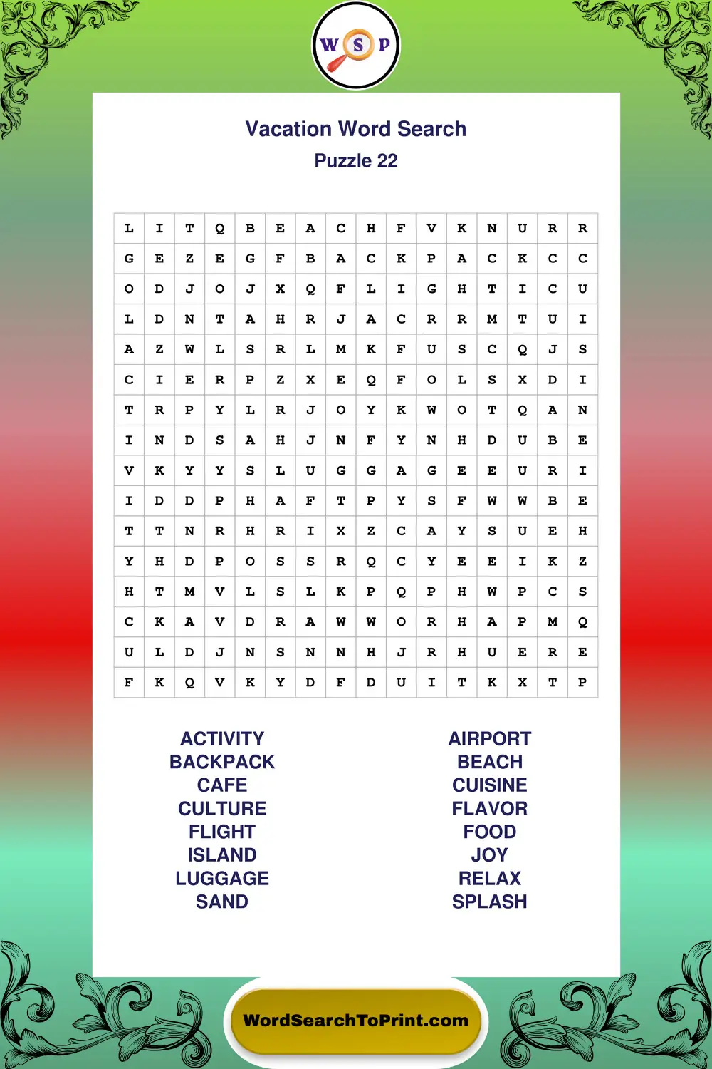 Vacation Word Search Puzzle 22