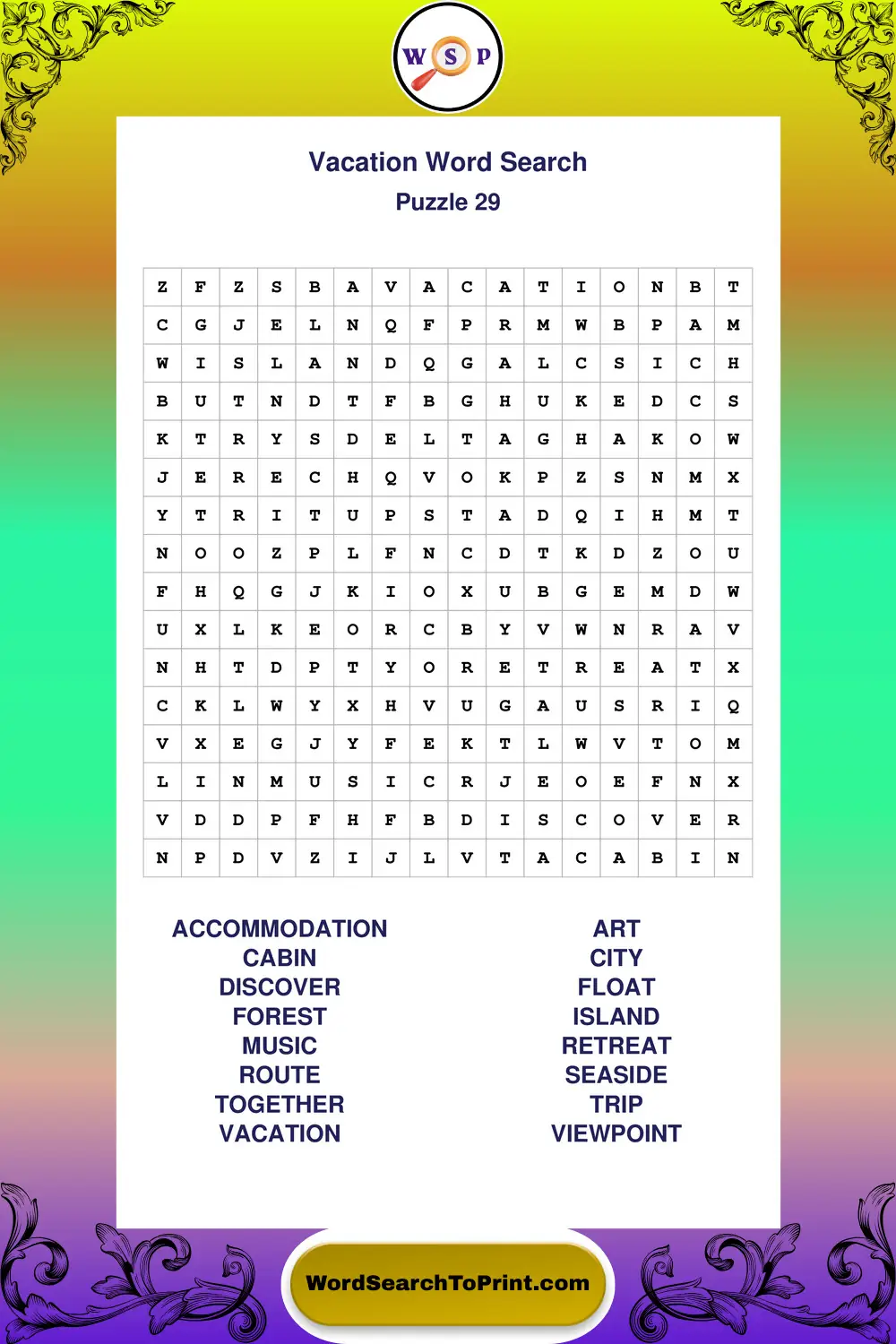 Vacation Word Search Puzzle 29