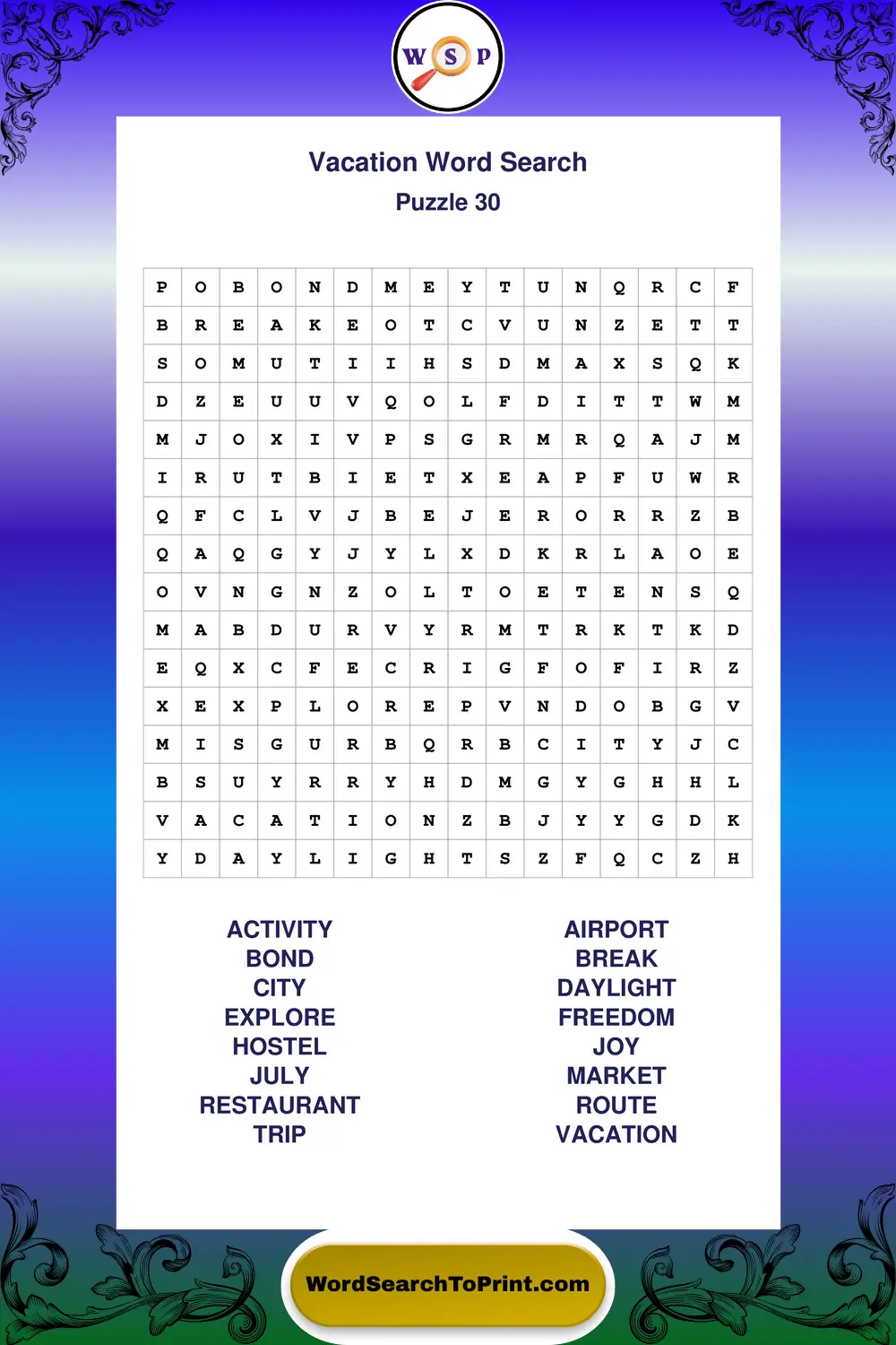 Vacation Word Search Puzzle 30