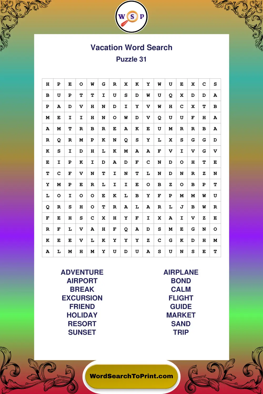 Vacation Word Search Puzzle 31