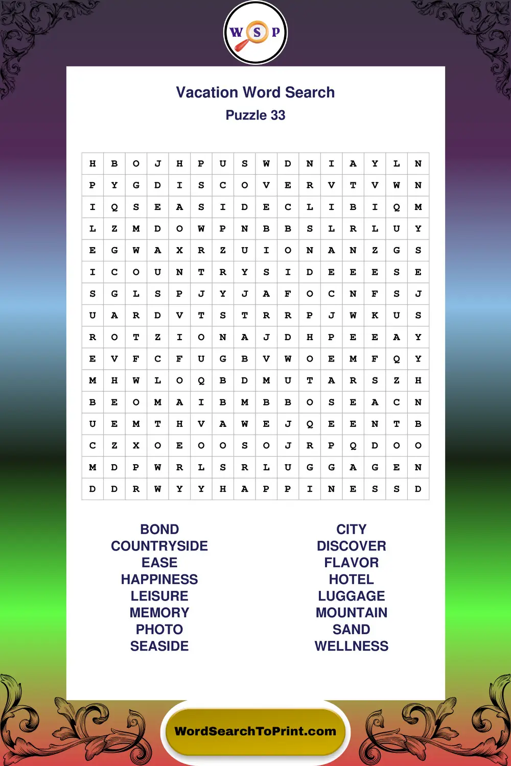 Vacation Word Search Puzzle 33