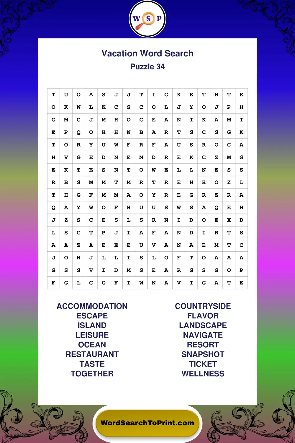 Vacation Word Search Puzzle 34
