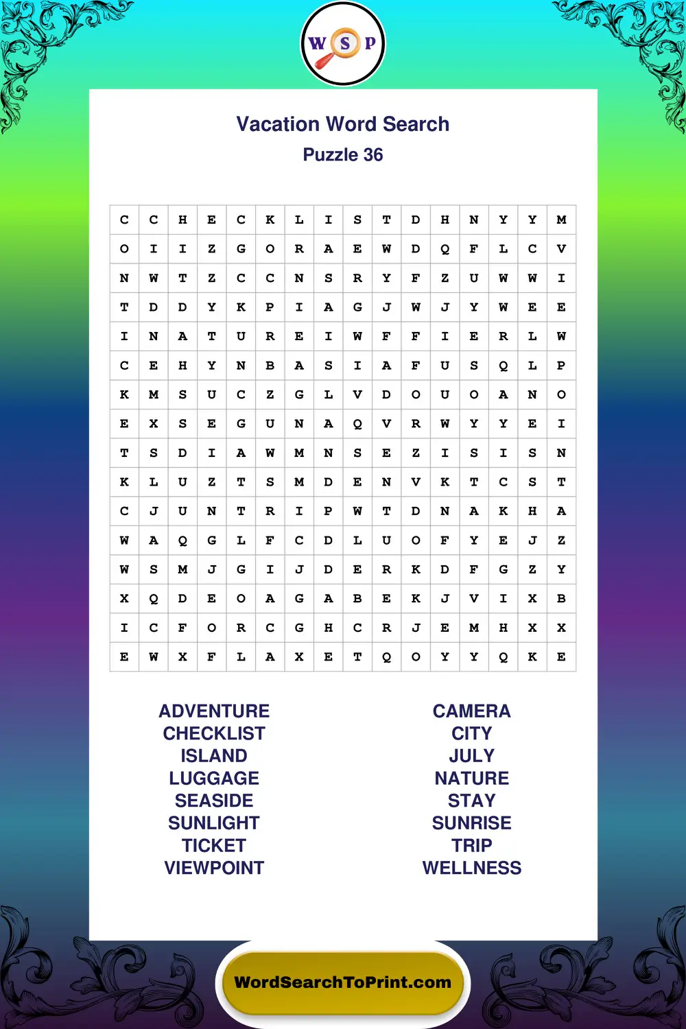 Vacation Word Search Puzzle 36
