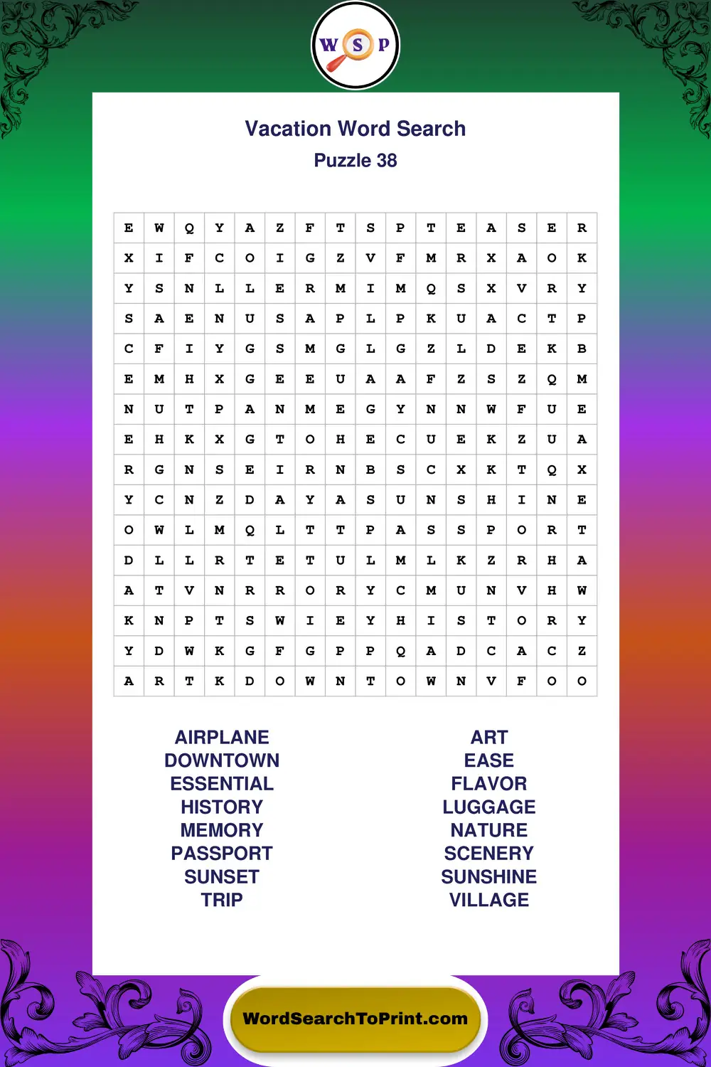 Vacation Word Search Puzzle 38