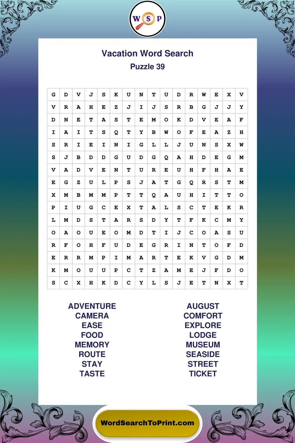 Vacation Word Search Puzzle 39