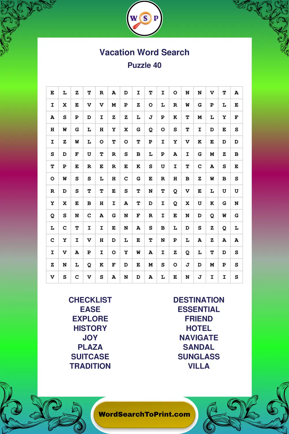 Vacation Word Search Puzzle 40