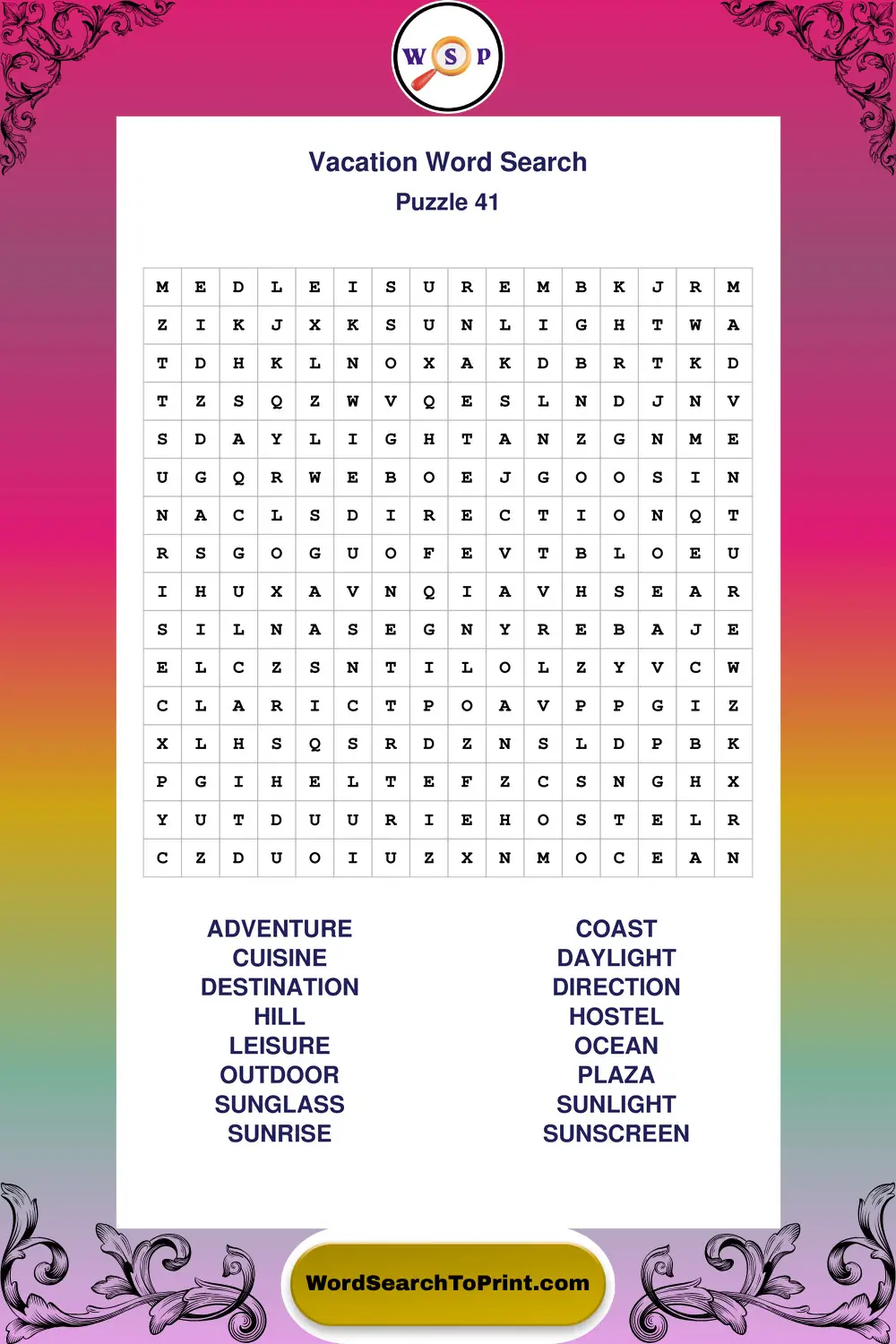Vacation Word Search Puzzle 41