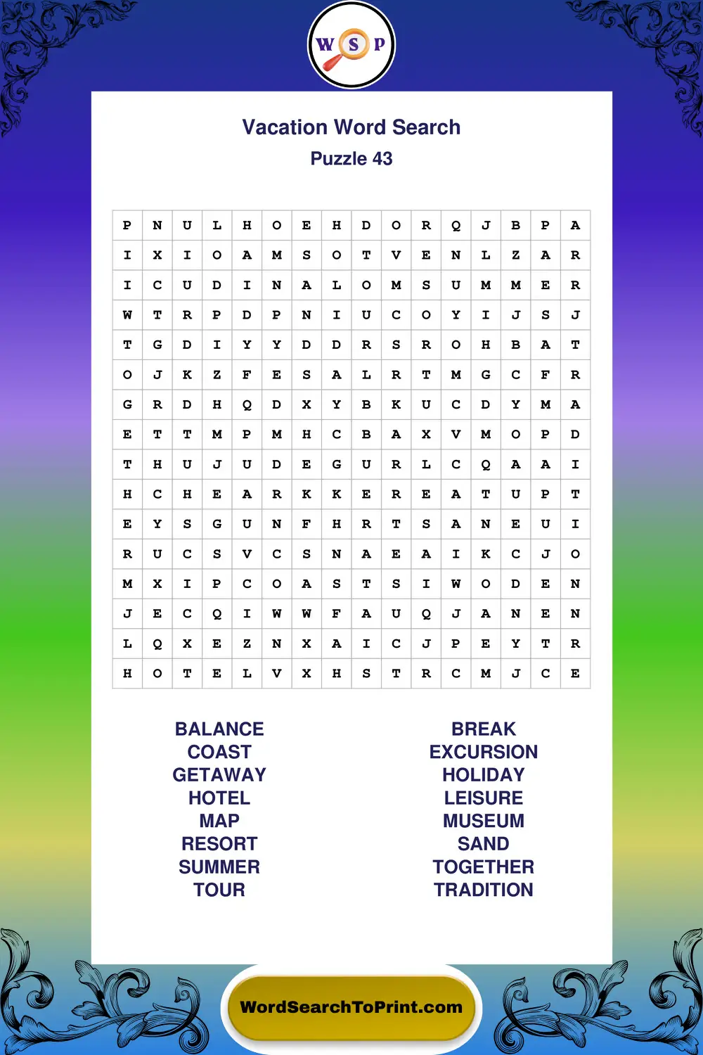 Vacation Word Search Puzzle 43