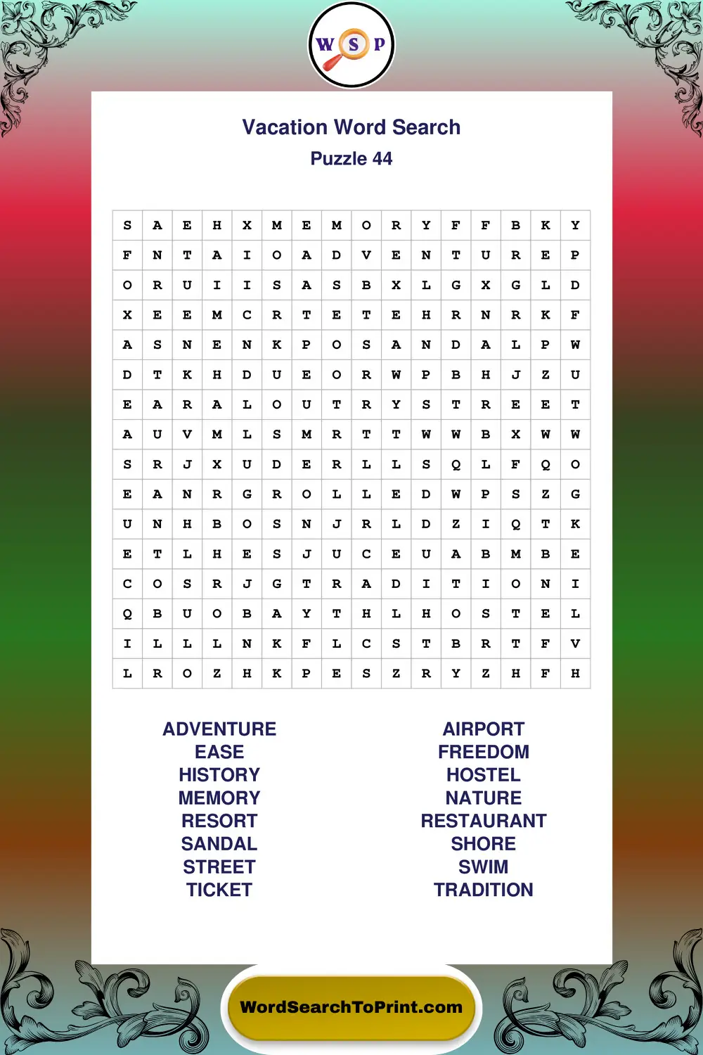 Vacation Word Search Puzzle 44