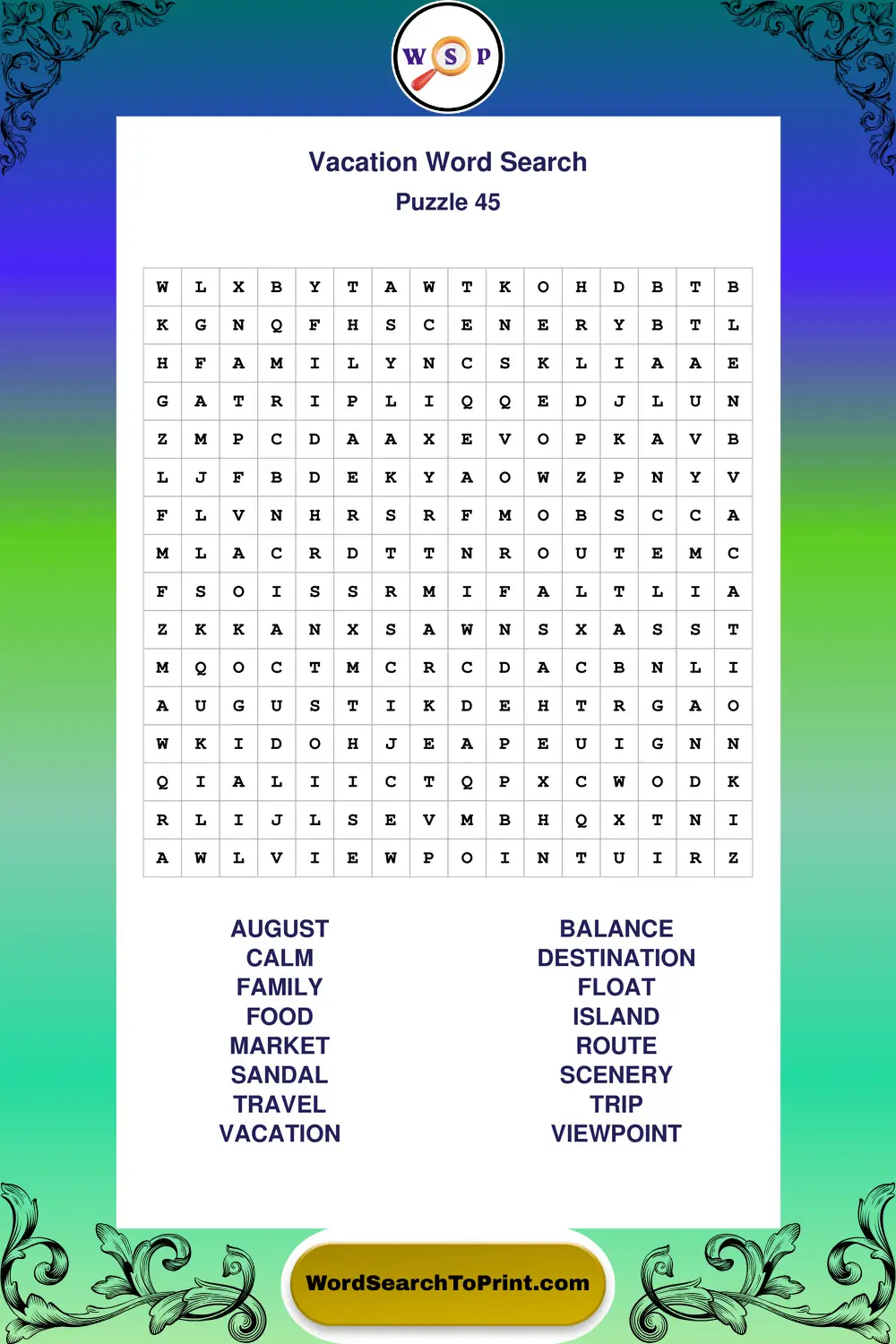 Vacation Word Search Puzzle 45