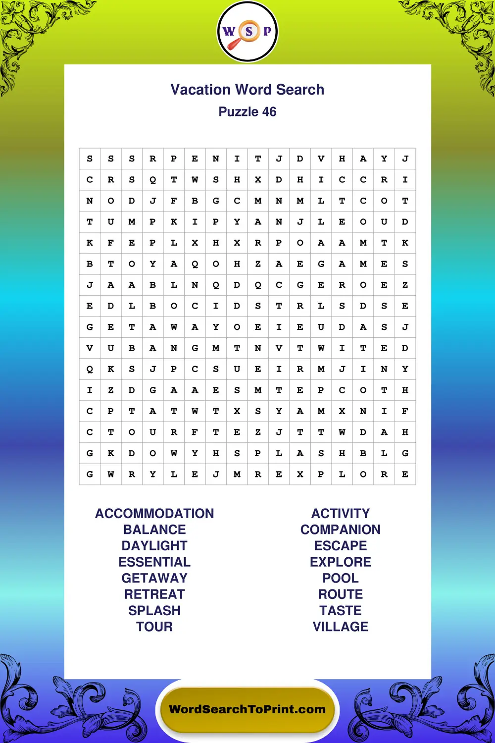 Vacation Word Search Puzzle 46