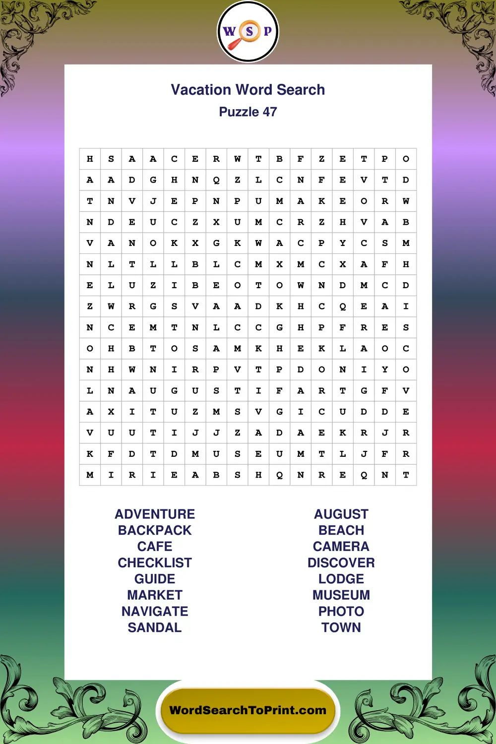 Vacation Word Search Puzzle 47