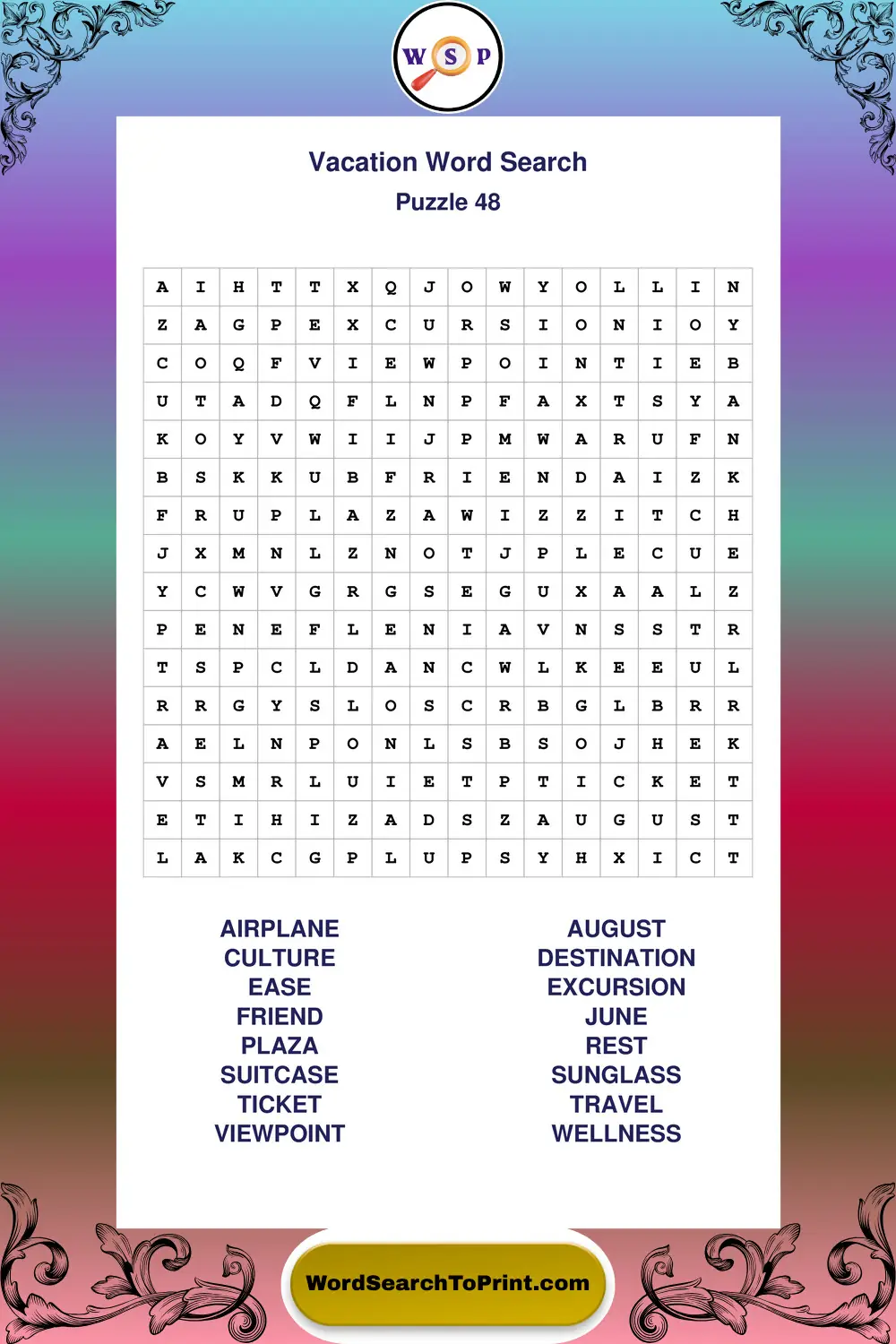 Vacation Word Search Puzzle 48