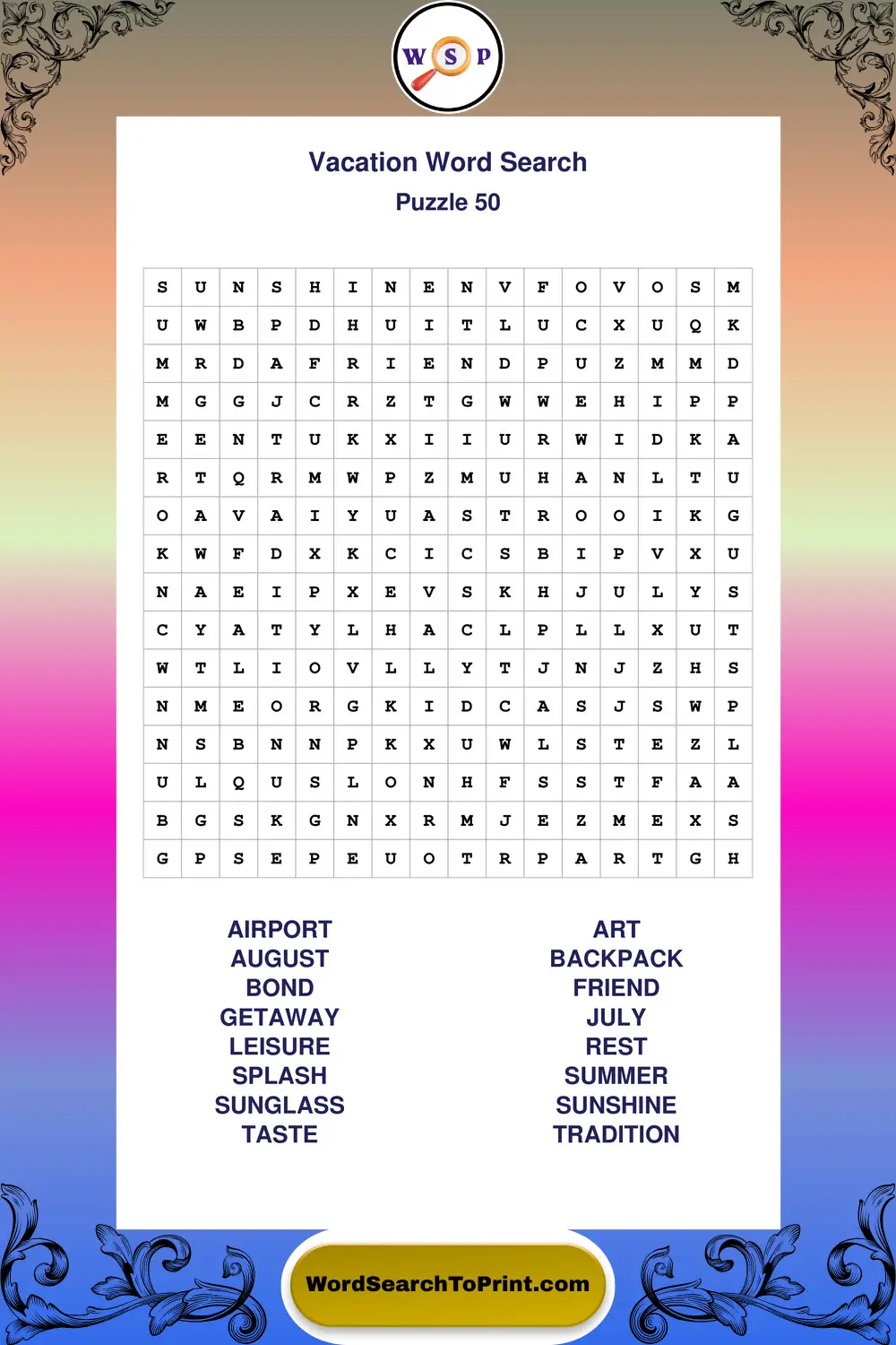 Vacation Word Search Puzzle 50