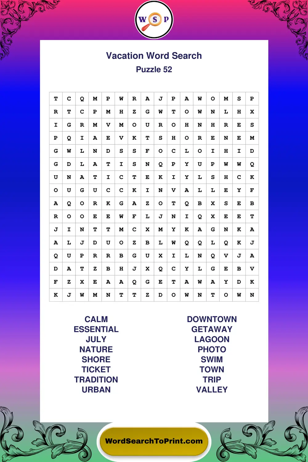 Vacation Word Search Puzzle 52