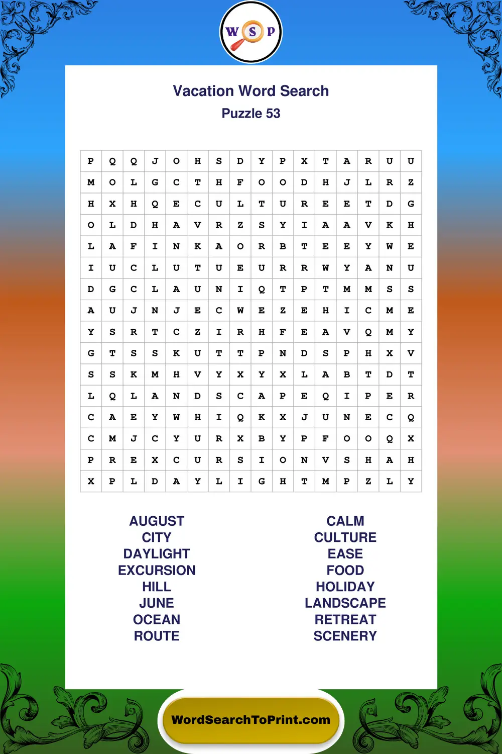 Vacation Word Search Puzzle 53