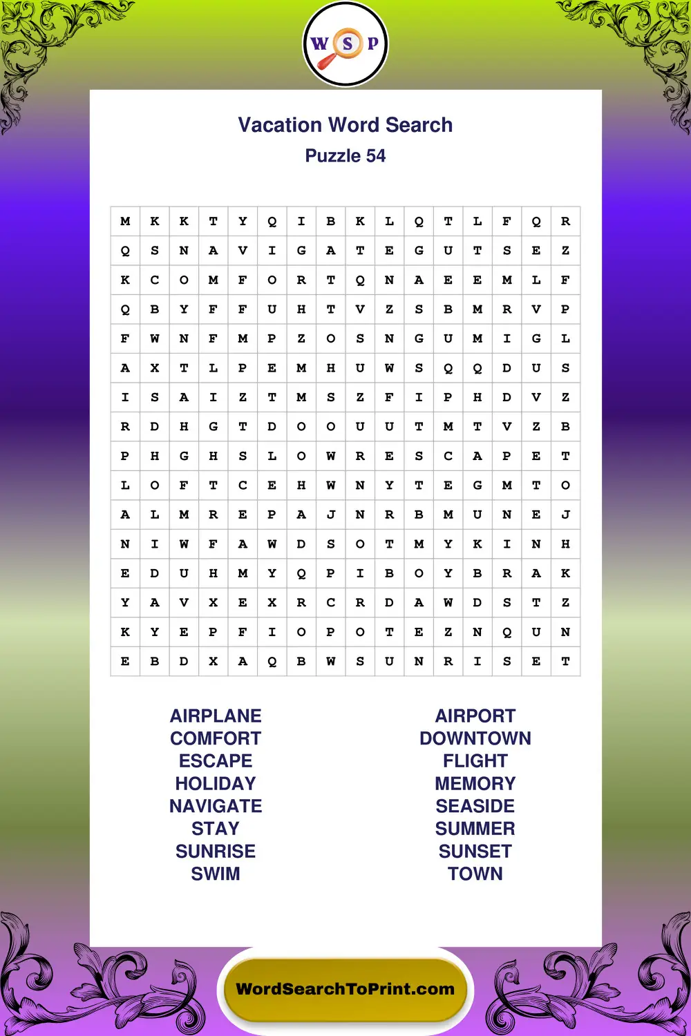 Vacation Word Search Puzzle 54