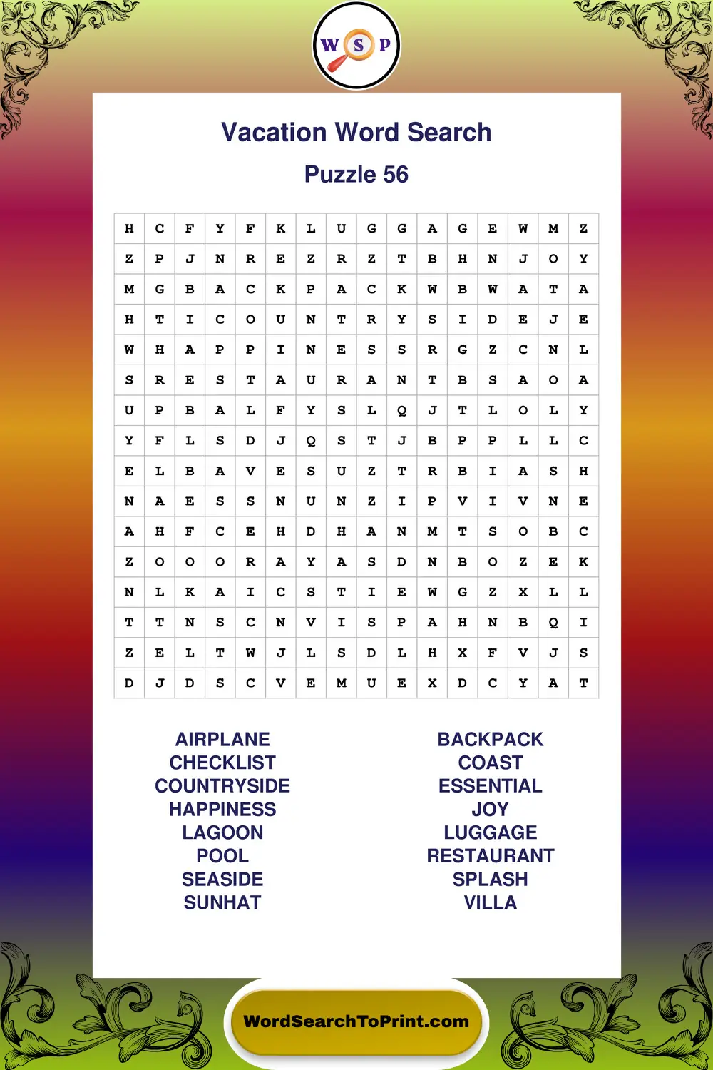 Vacation Word Search Puzzle 56