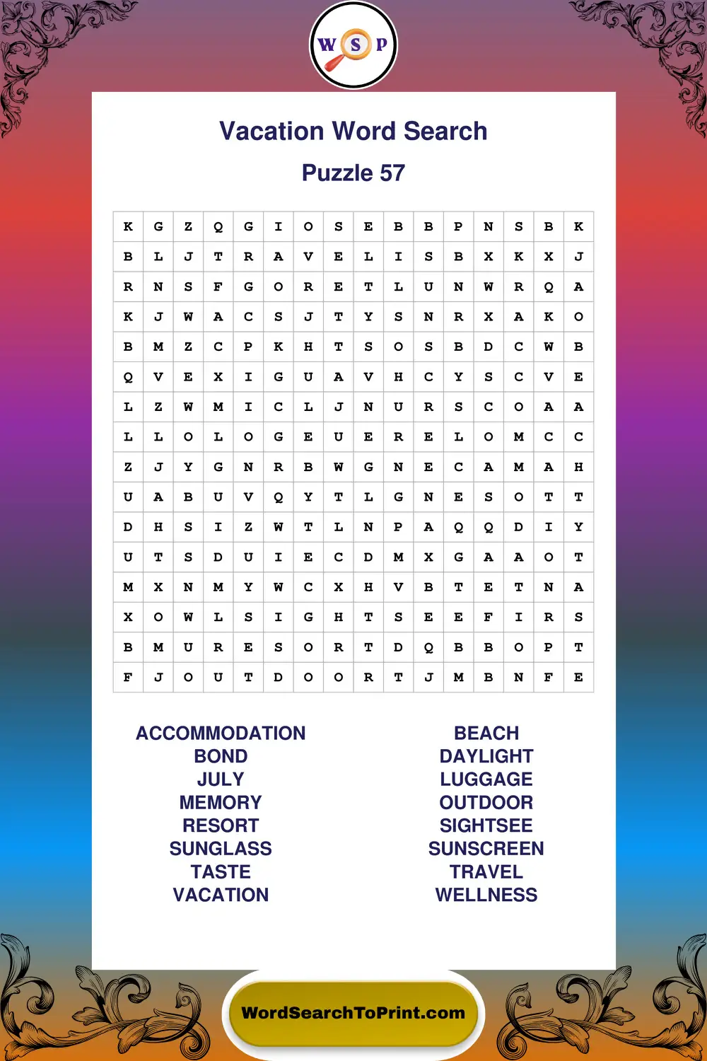 Vacation Word Search Puzzle 57