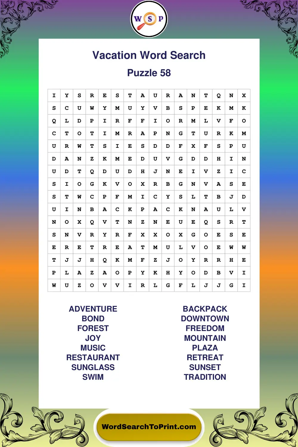 Vacation Word Search Puzzle 58