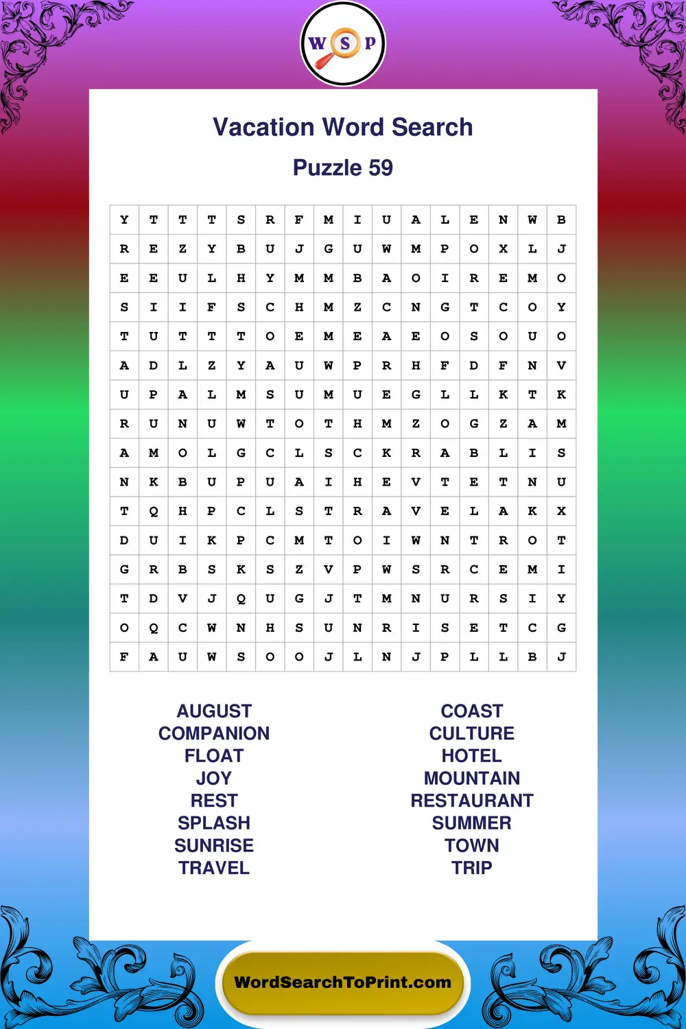 Vacation Word Search Puzzle 59