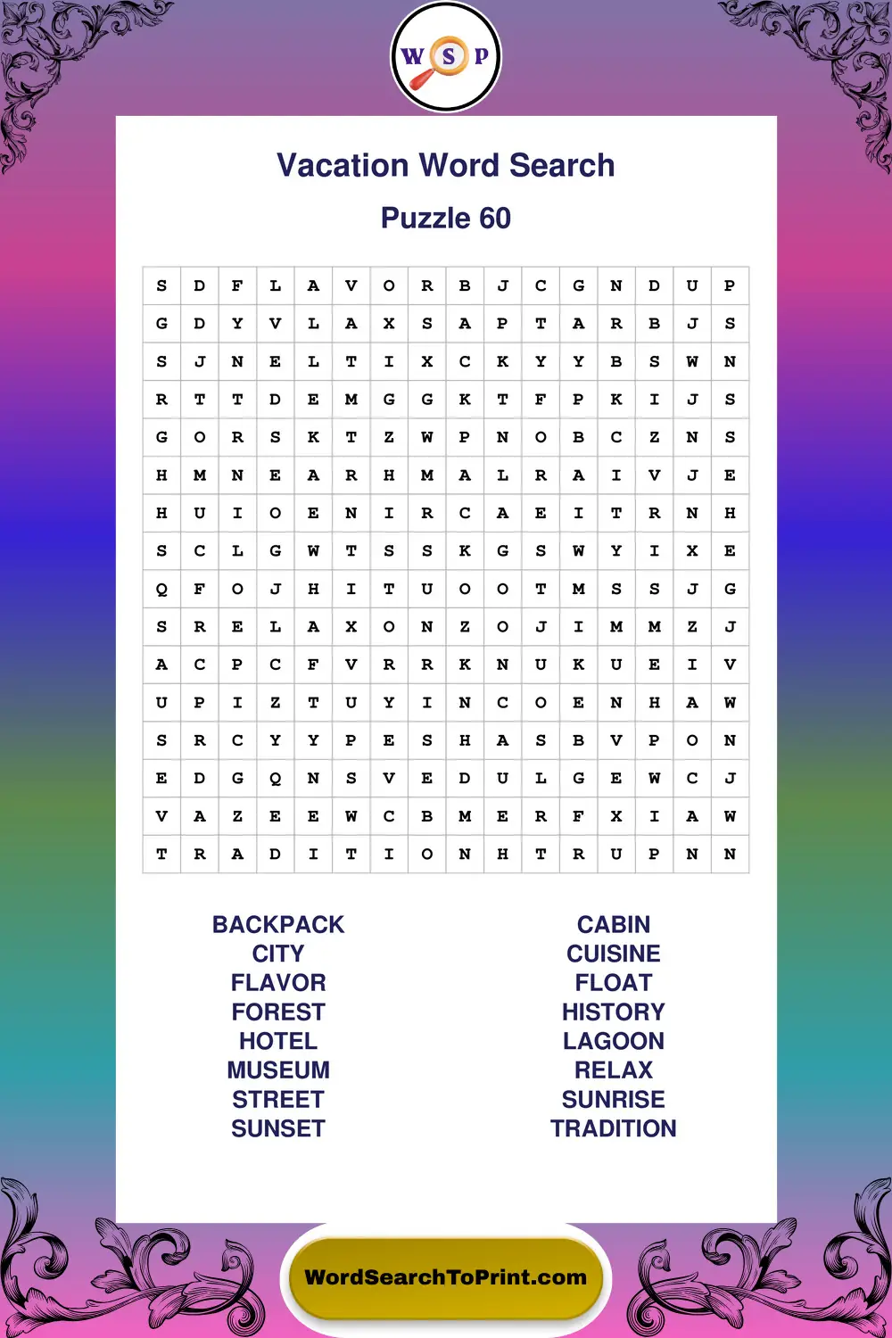 Vacation Word Search Puzzle 60